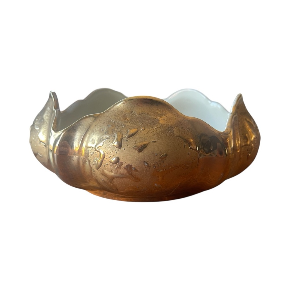 Vtg Kass China Co Weeping Bowl Gold 22K Drip Glaze Scalloped Rim MCM Centerpiece - Picture 3 of 7